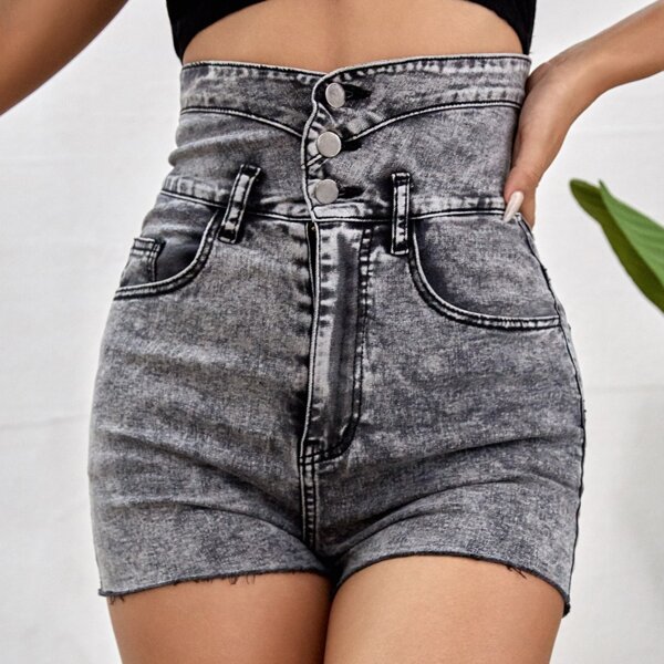 

High Wide Waistband Bleach Wash Denim Shorts, Dark grey