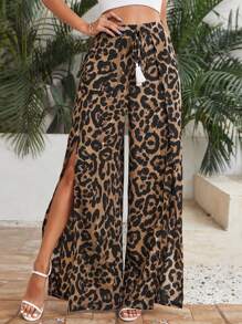 SHEIN VCAY Pantalon ample à franges à nœud léopard