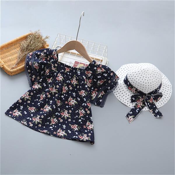 

Toddler Girls Allover Floral Lace Trim Blouse, Navy blue