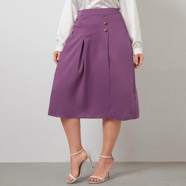 

Plus Plicated Button Detail Skirt, Purple