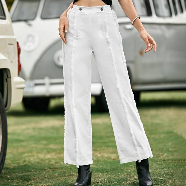 

Flap Pocket Tassel Trim Wide Leg Pants, White