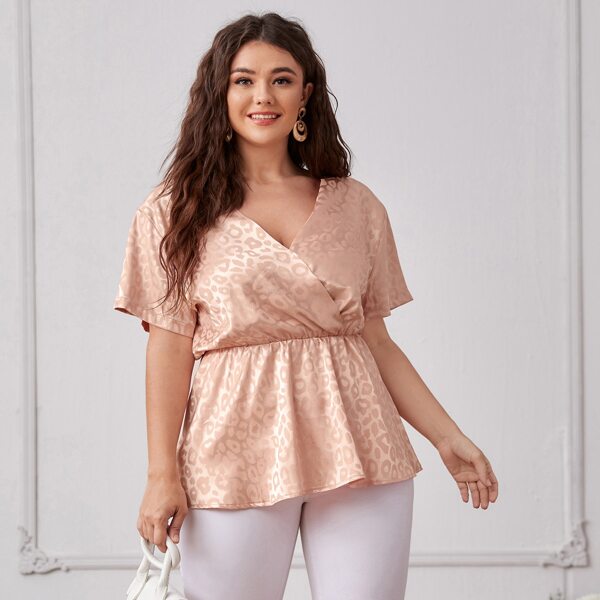 

Plus Satin Surplice Front Peplum Blouse, Baby pink