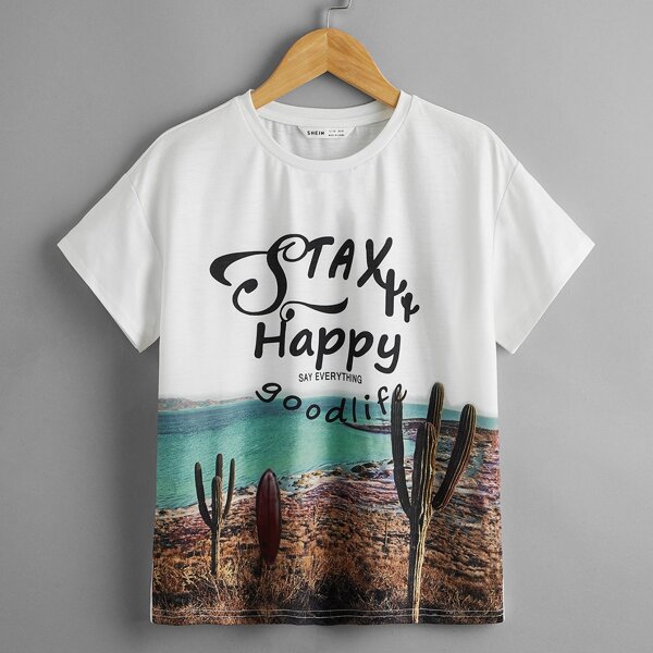 

Boys Letter & Cactus Print Tee, Multicolor