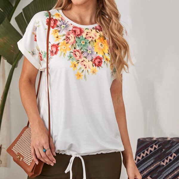 

Batwing Sleeve Floral Print Tie Hem Tee, White