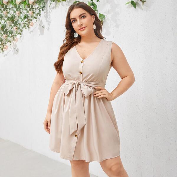 

Plus V-neck Button Front Belted A-line Dress, Apricot