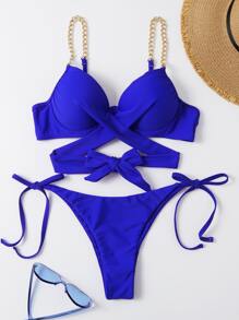 Chain Strap Tie Side Underwire Bikini Set, For Summer Beach Vacation - Royal Blue - View 1