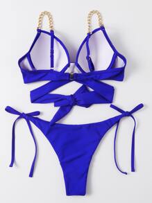 Chain Strap Tie Side Underwire Bikini Set, For Summer Beach Vacation - Royal Blue - View 2