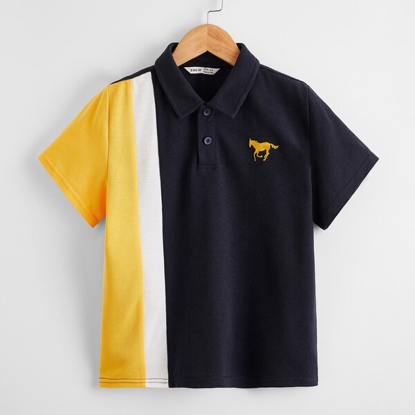 

Boys Horse Embroidery Colorblock Polo Shirt, Multicolor