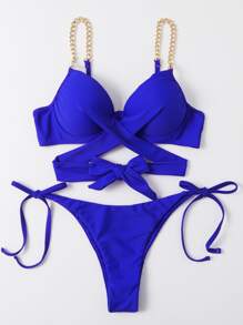 Chain Strap Tie Side Underwire Bikini Set, For Summer Beach Vacation - Royal Blue - View 3