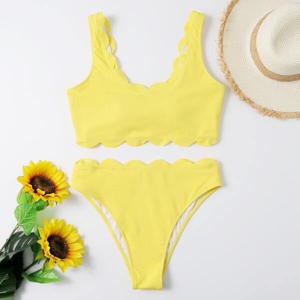 

Rib Scallop Trim Bikini Swimsuit, Yellow