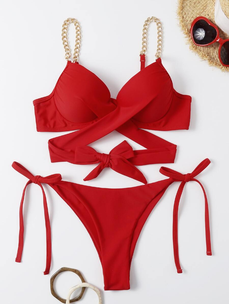 Chain Strap Tie Side Underwire Bikini Set, For Summer Beach Vacation - Red - View 1