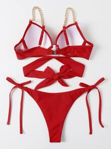 Chain Strap Tie Side Underwire Bikini Set, For Summer Beach Vacation - Red - View 2