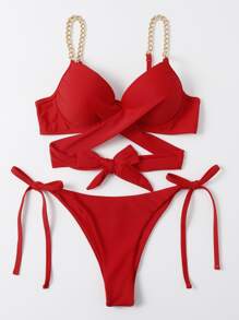 Chain Strap Tie Side Underwire Bikini Set, For Summer Beach Vacation - Red - View 3