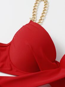 Chain Strap Tie Side Underwire Bikini Set, For Summer Beach Vacation - Red - View 4