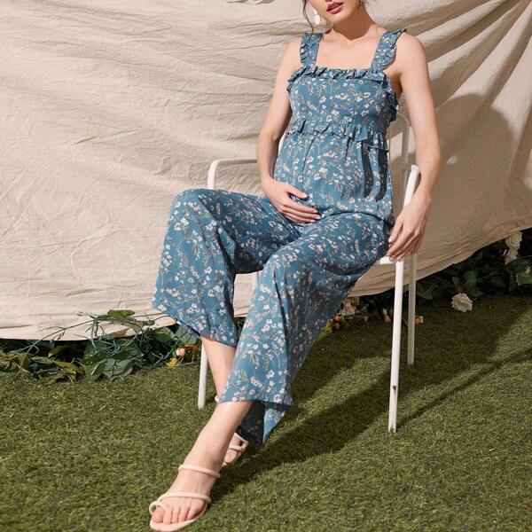 

Maternity Ruffle Trim Shirred Self Belted Jumpsuit, Blue
