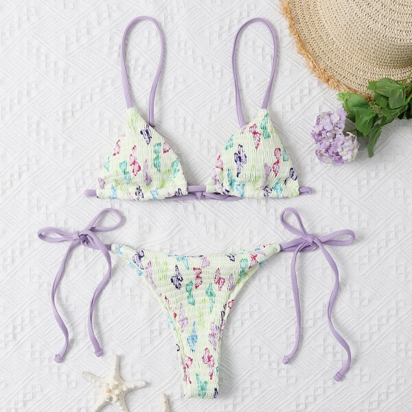 

Butterfly Print Smocked Triangle Bikini Swimsuit, Yellow