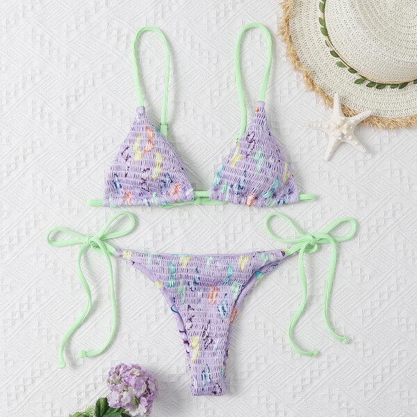 

Butterfly Print Smocked Triangle Bikini Swimsuit, Multicolor