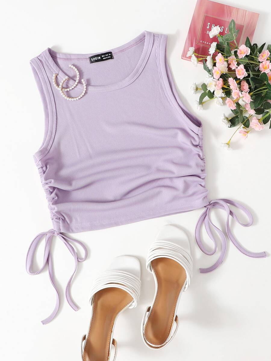 Solid Drawstring Side Tank Top - Lilac Purple - View 1