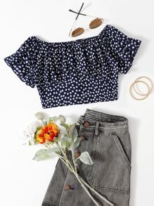 SHEIN Unity 小碎花抽褶短版上衣 - 藏蓝色 - 查看 1