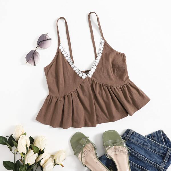 

Guipure Lace Trim Ruffle Hem Cami Top, Mocha brown