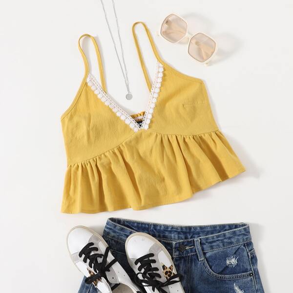 

Guipure Lace Trim Ruffle Hem Cami Top, Yellow