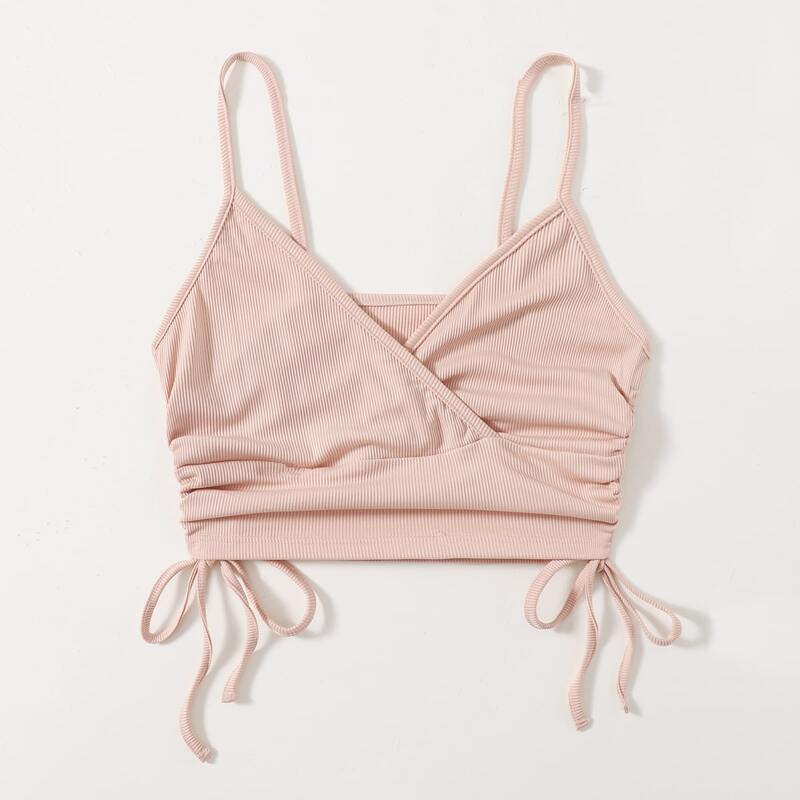 

Solid Drawstring Ribbed Crop Cami, Baby pink
