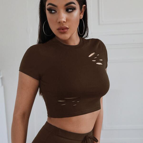 

Ripped Crew Neck Crop Tee, Chocolate brown