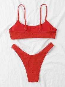 Plain Smocked Bikini Set For Summer Beach Vacation - Red - View 2