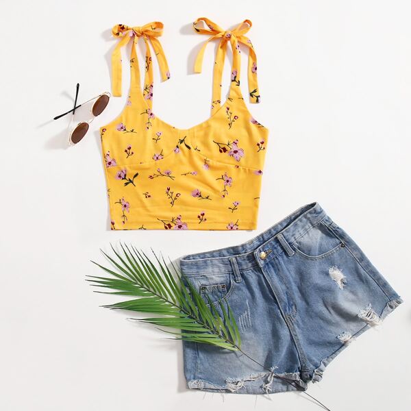 

Floral Tie Shoulder Cami Top, Yellow