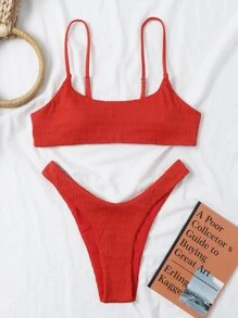 Plain Smocked Bikini Set For Summer Beach Vacation - Red - View 3