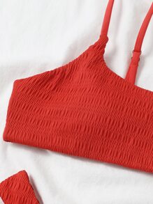 Plain Smocked Bikini Set For Summer Beach Vacation - Red - View 5
