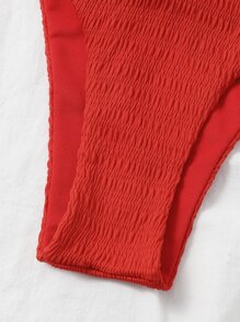 Plain Smocked Bikini Set For Summer Beach Vacation - Red - View 6