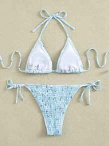 Random Ditsy Floral Smocked Bikini Set For Summer Beach Vacation - Multicolor - View 2