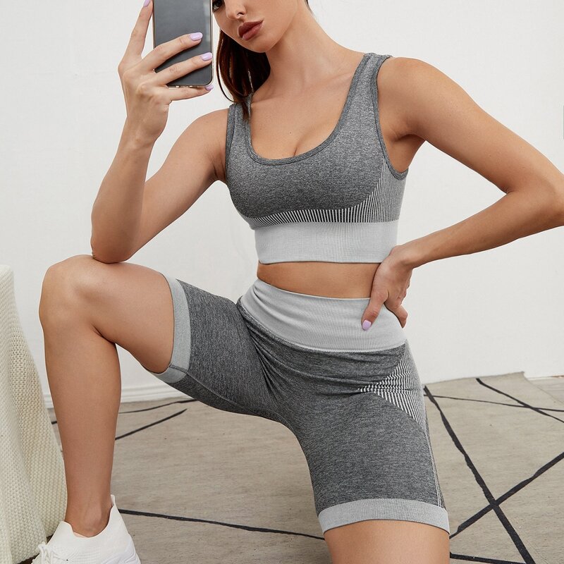 

Seamless Striped Panel Sports Bra & Biker Shorts, Grey