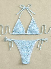 Random Ditsy Floral Smocked Bikini Set For Summer Beach Vacation - Multicolor - View 4