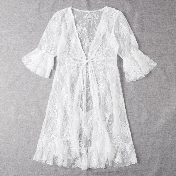 

Tie Front Floral Lace Kimono, White