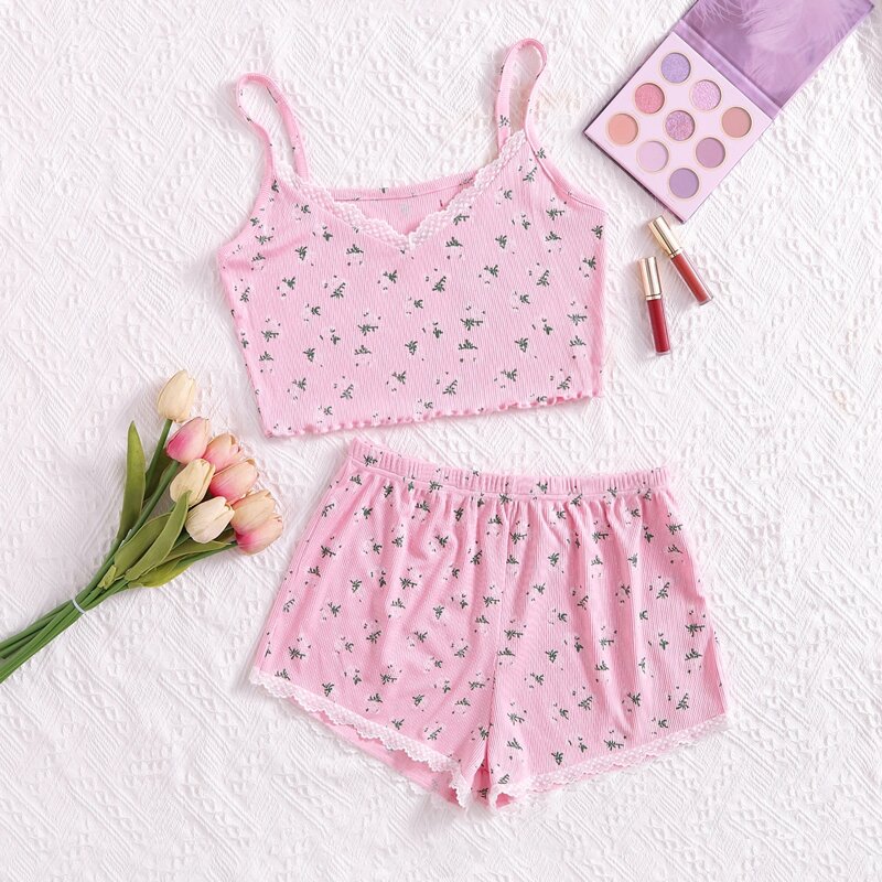 

Ditsy Floral Lettuce Trim Contrast Lace Cami Pajama Set, Baby pink