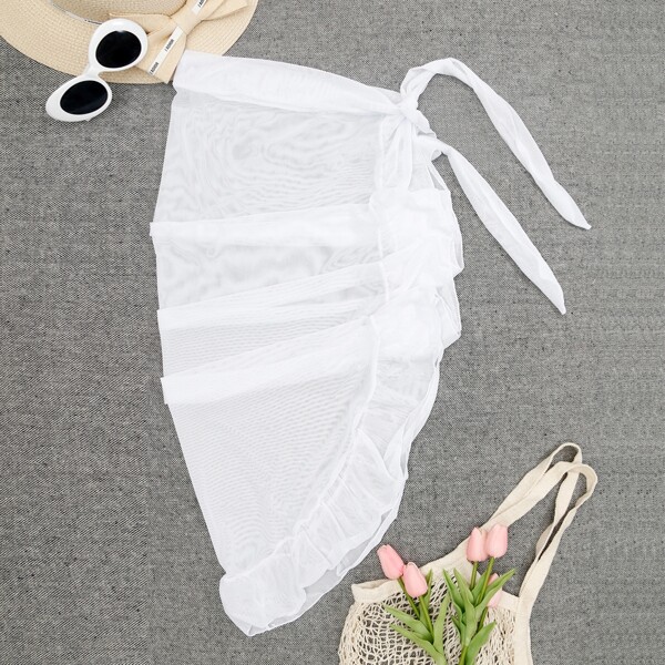 

Mesh Ruffle Trim Knot Cover Up Skirt, White