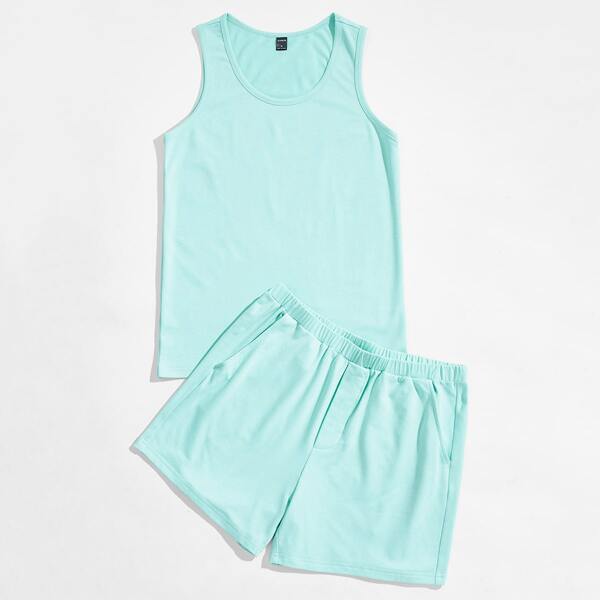 

Men Round Neck Tank Top & Shorts PJ Set, Mint green