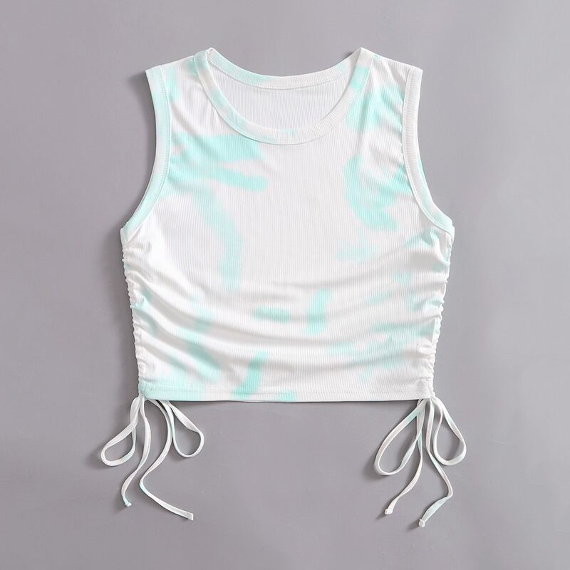 

Tie Dye Drawstring Ribbed Tank Top, Blue and white