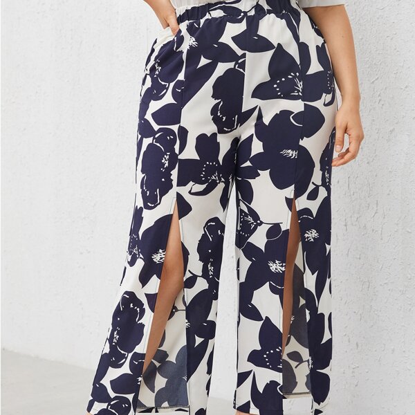 

Plus Floral Split Thigh Wide Leg Pants, Blue and white