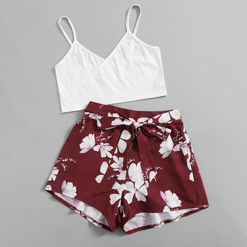 

Solid Crop Cami & Floral Belted Shorts, Red and white