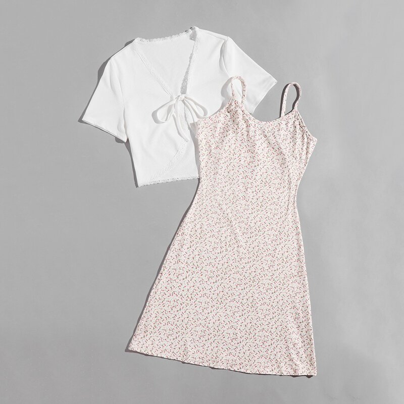 

Contrast Lace Tie Front Top & Ditsy Floral Dress, Multicolor