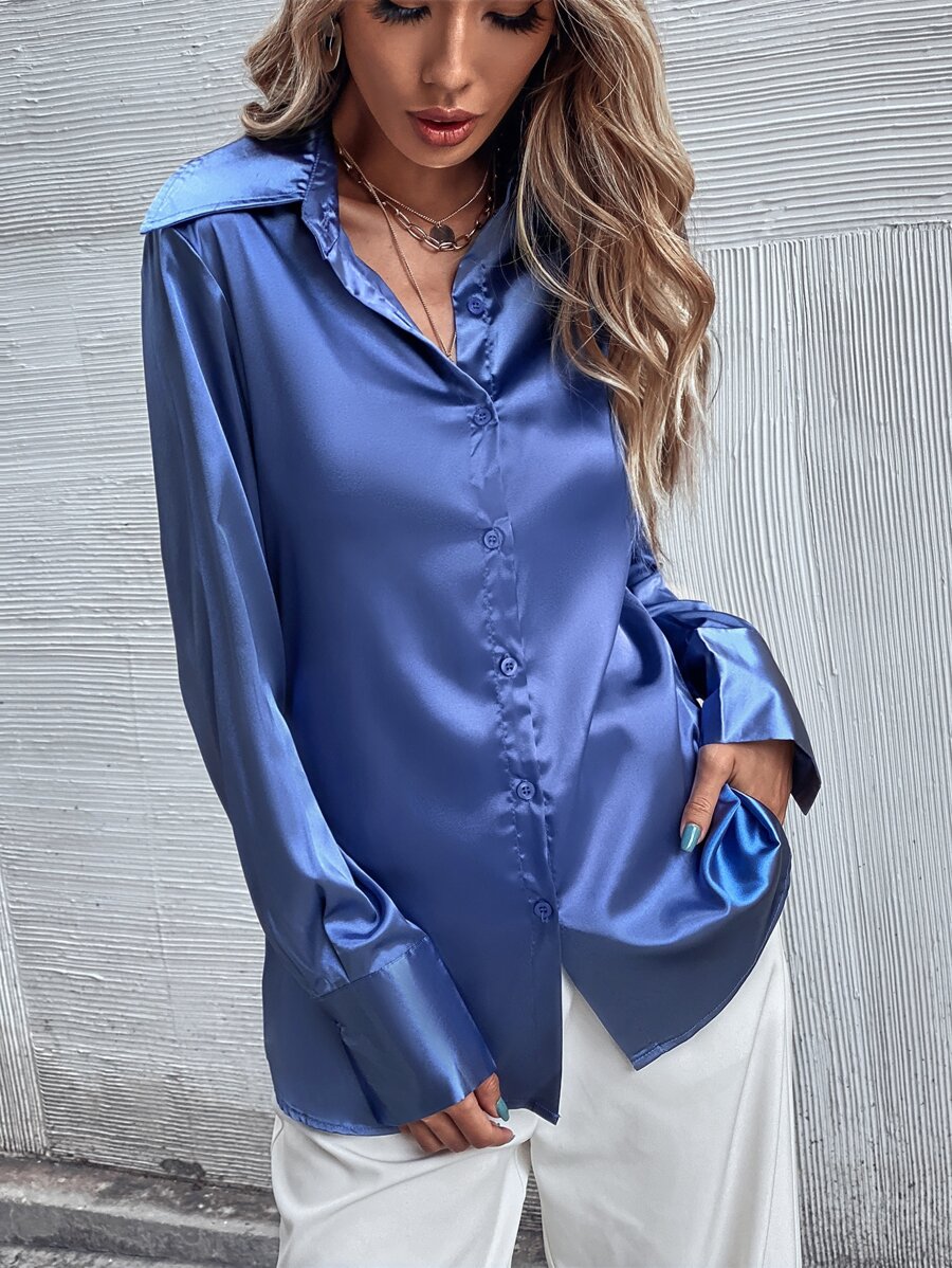Satin Button Front Shirt - Navy Blue - View 1