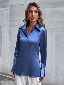Satin Button Front Shirt - Navy Blue - View 5