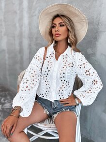 SHEIN Frenchy 網眼刺繡燈籠袖短版襯衫 - 白色 - 查看 5