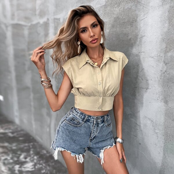 

Popper Button Front Crop Blouse, Khaki