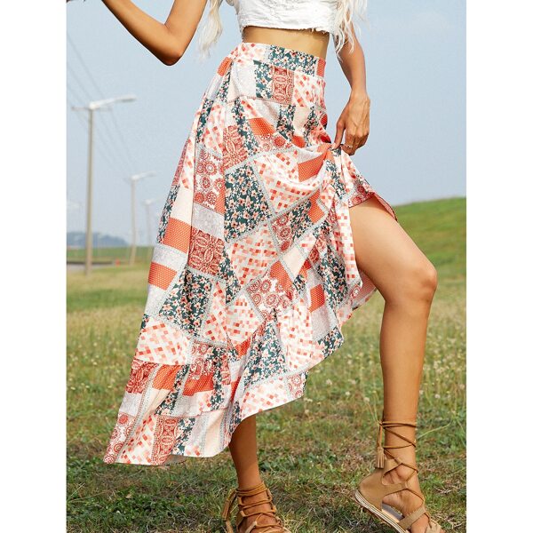 

Patchwork Ruffle Hem Asymmetrical Skirt, Multicolor