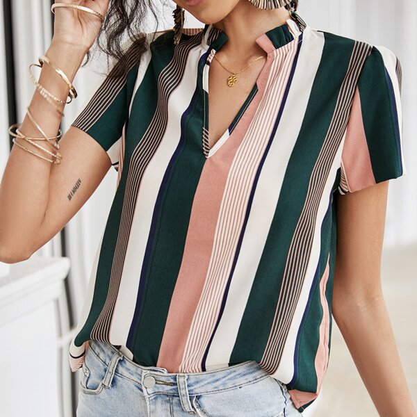 

Notch Neck Striped Print Blouse, Multicolor