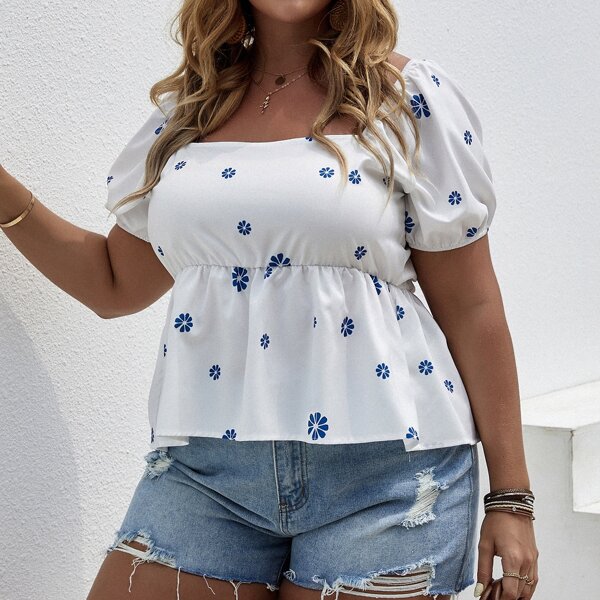 

Plus Floral Print Peplum Blouse, White
